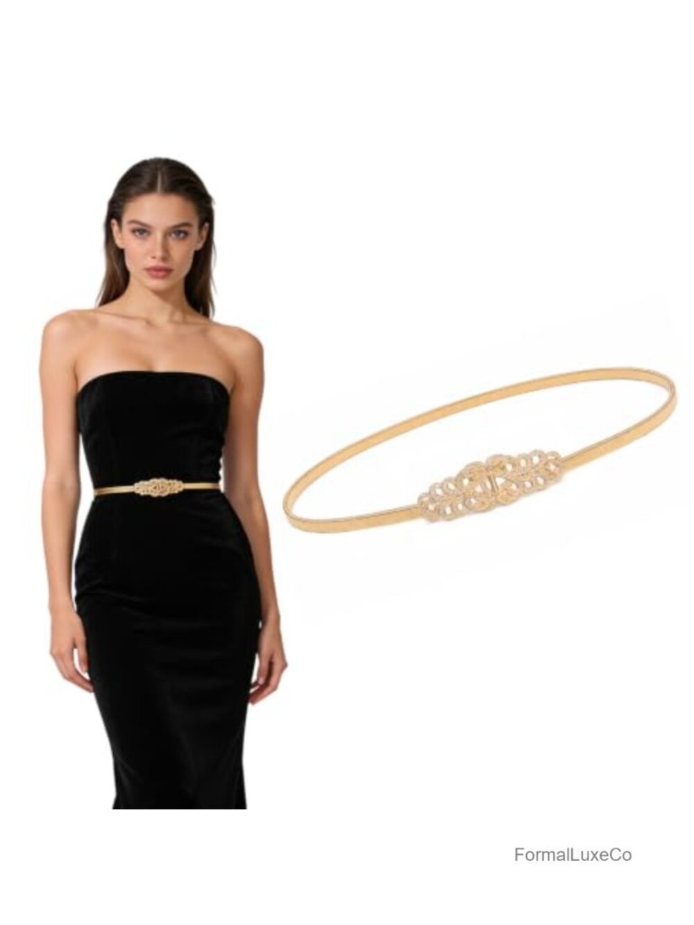 Women's Gold Stretch Skinny Belt for Dresses - Adjustable Metal Waist Belt